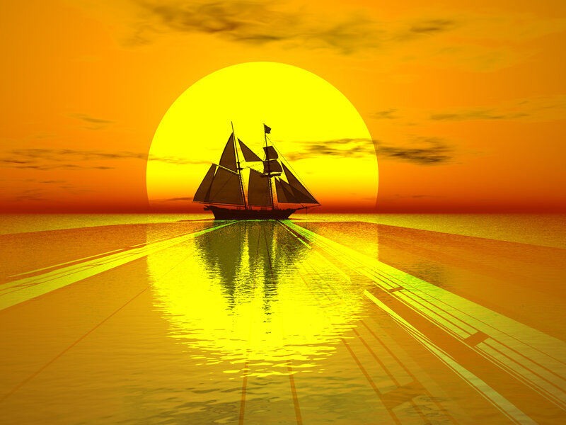 Sailboat at Sunset — Yellow, Serene, Digital Art, Sun, Ocean