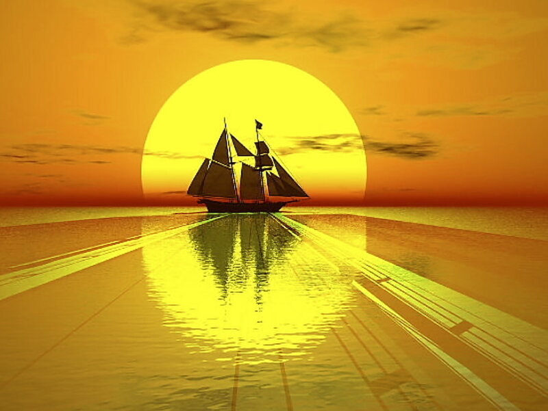 Sailboat at Sunset — Yellow, Serene, Digital Art, Sun