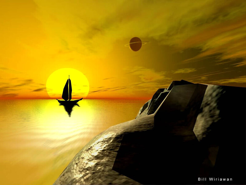 Sailboat at Sunset — Yellow, Serene, Digital Art