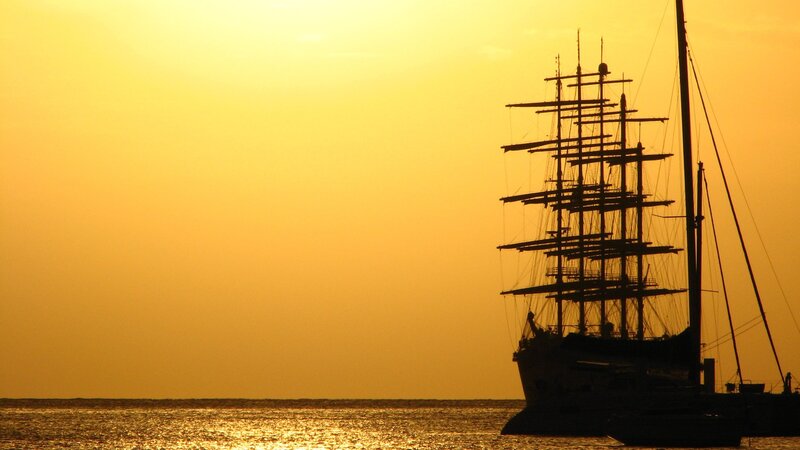 Sailboat at Sunset — Yellow, Serene, Photograph, Ocean