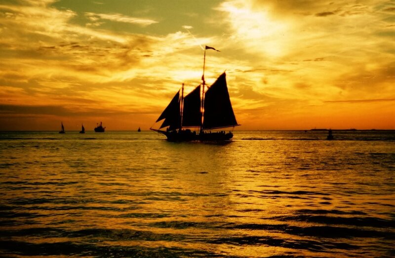 Sailboat at Sunset — Yellow, Serene, Photograph, Sailboats