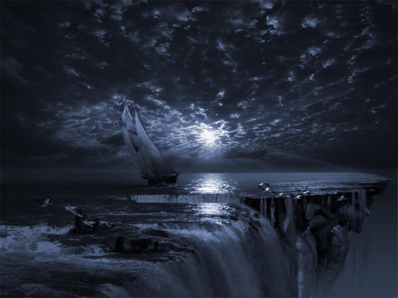 Sailboat at the edge of a waterfall