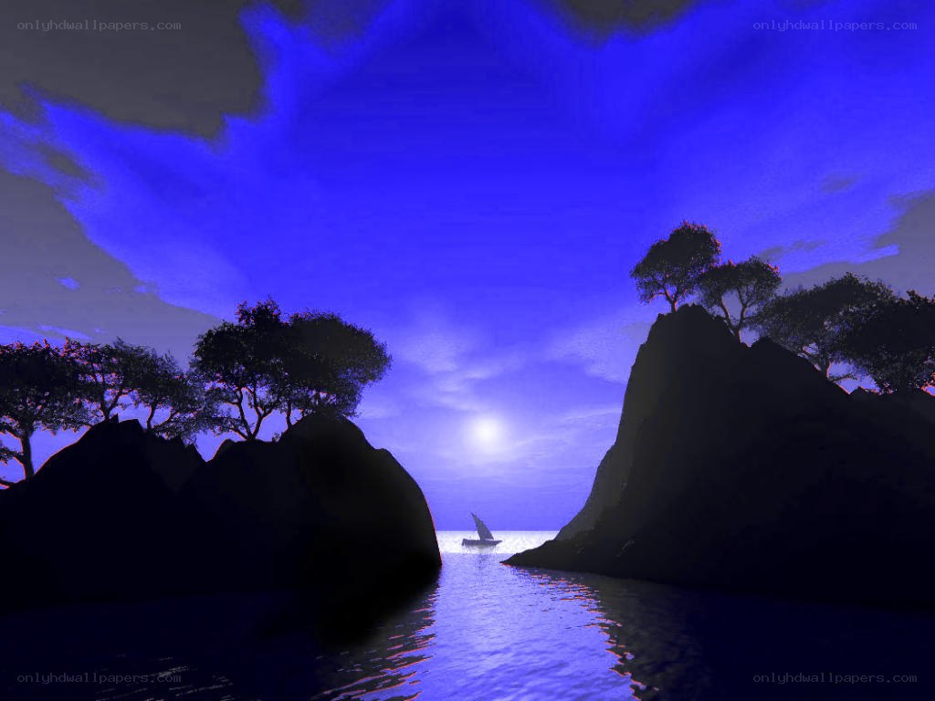 sailboat at twilight between cliffs