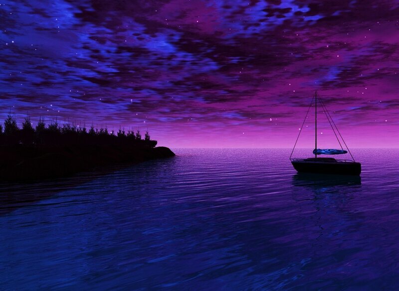 Sailboat at twilight on calm water