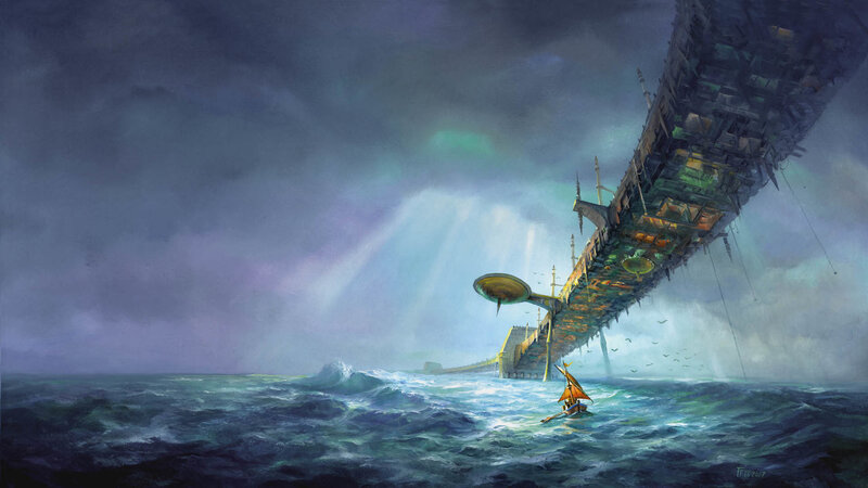Sailboat beneath a massive bridge