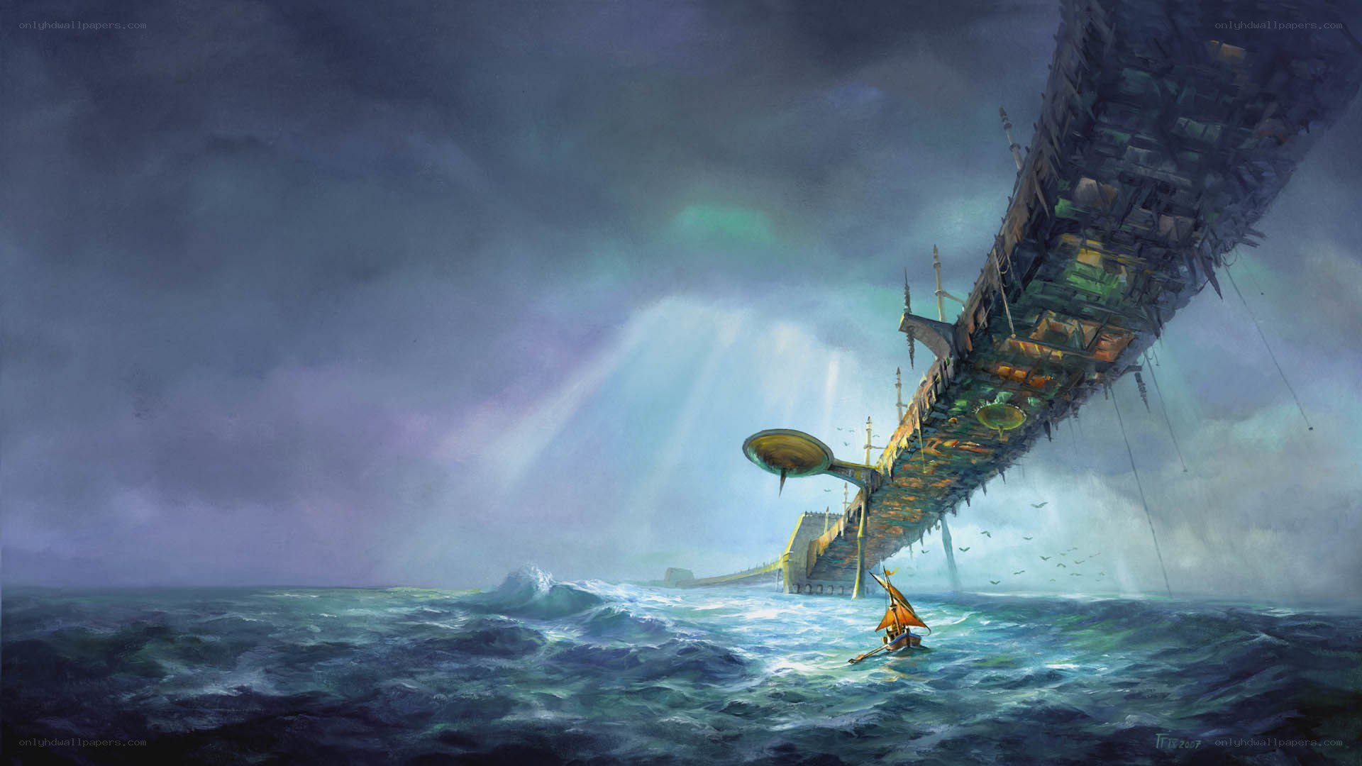 Sailboat beneath a massive bridge