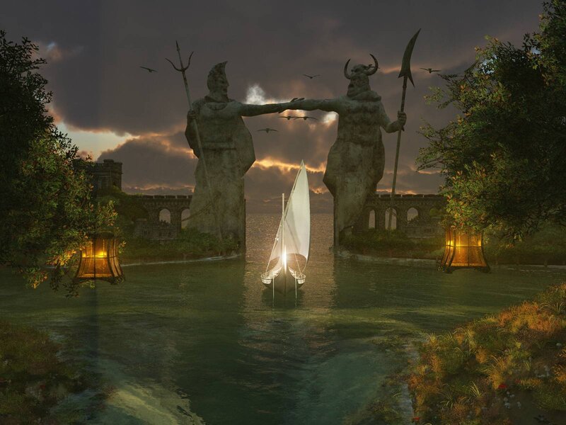 Sailboat Between Statues