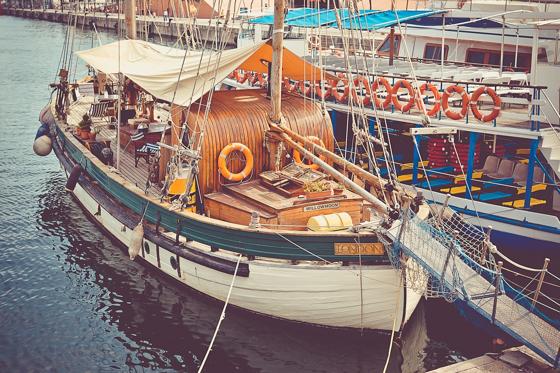 Sailboat docked at harbor