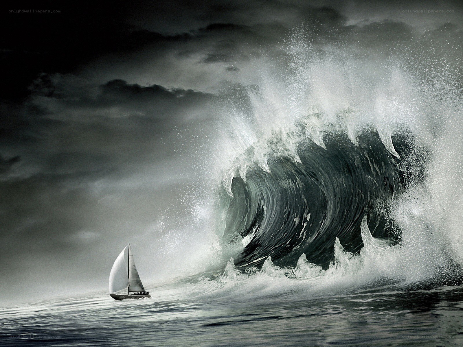 Sailboat facing a massive wave