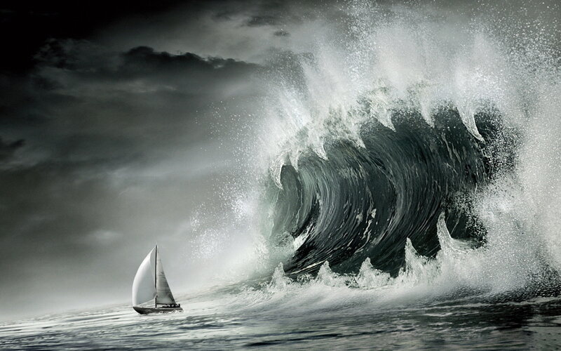 Sailboat Facing Giant Wave — Gray, Dramatic
