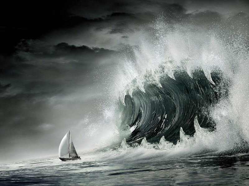 Sailboat Facing Giant Wave — Gray