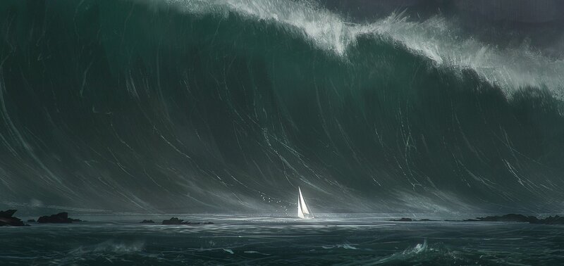 Sailboat Facing Giant Wave — Green, Dramatic
