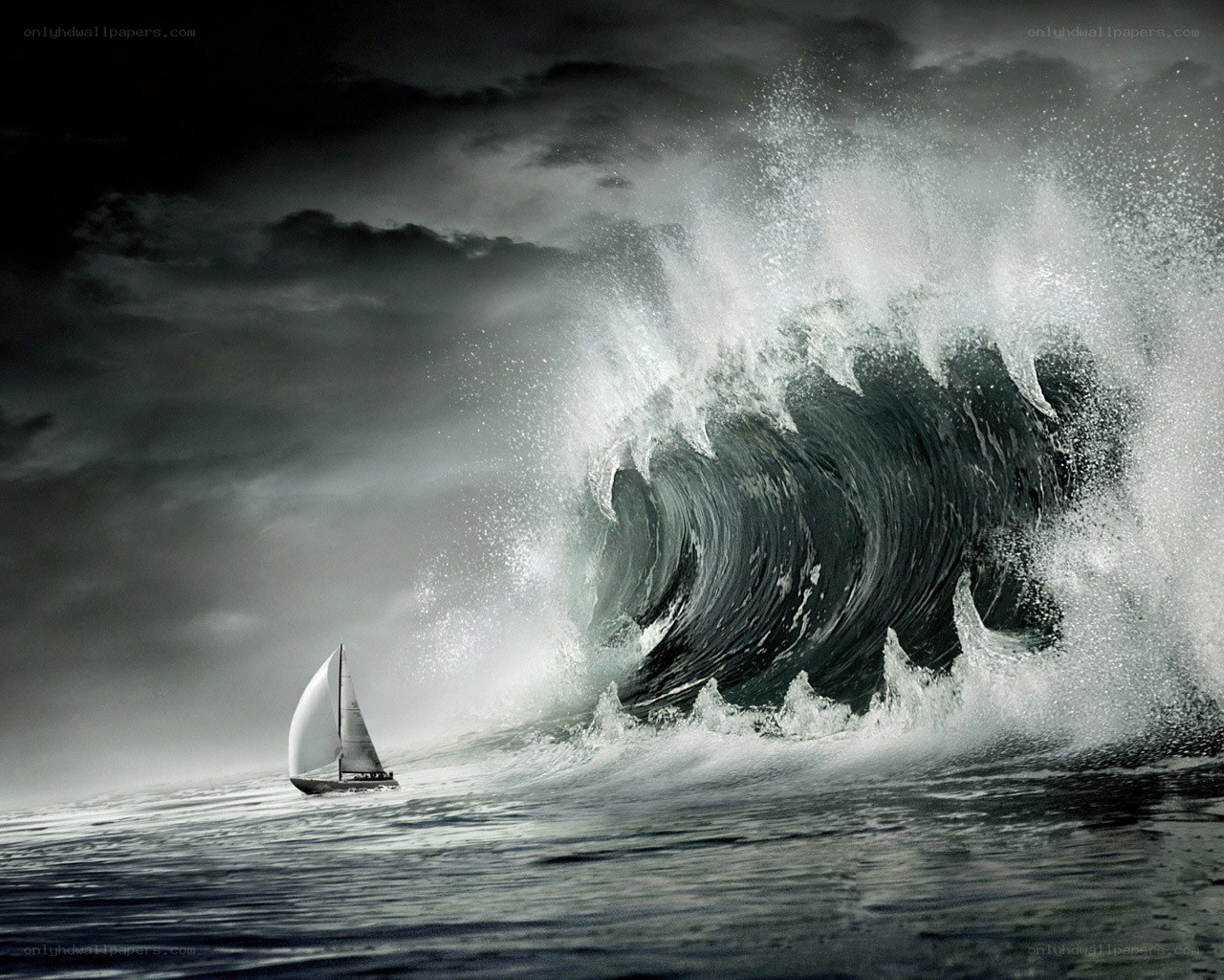 Sailboat facing giant wave