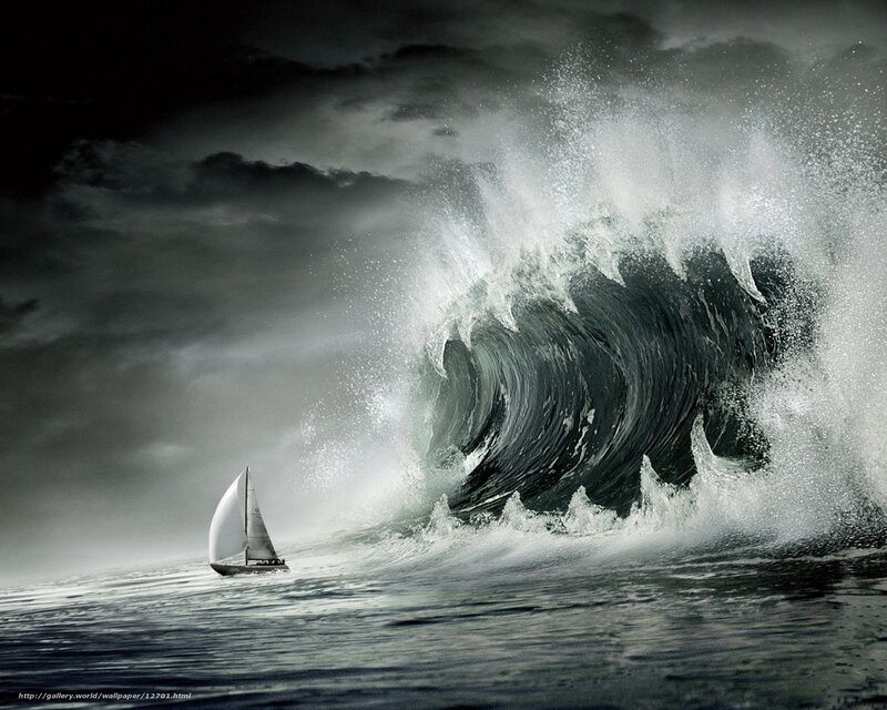 Sailboat facing massive wave