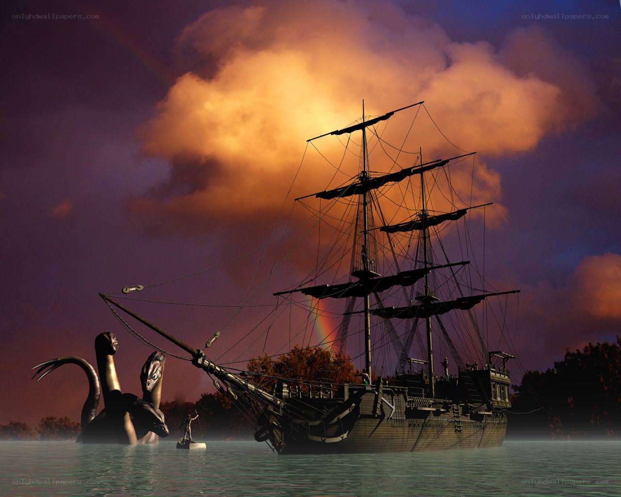 Sailboat facing sea monster