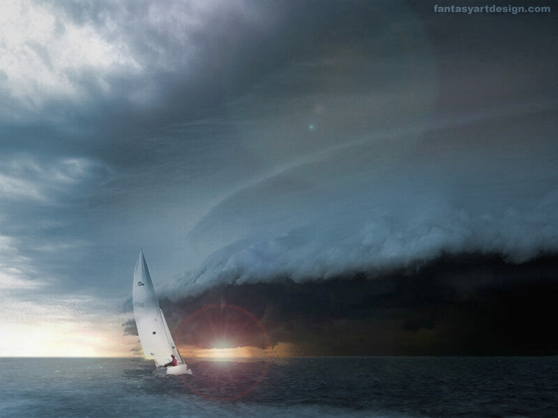 Sailboat facing storm at sunset