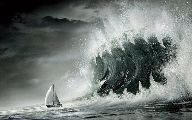 Sailboat Facing Wave — Gray, Dramatic, Photograph, Clouds