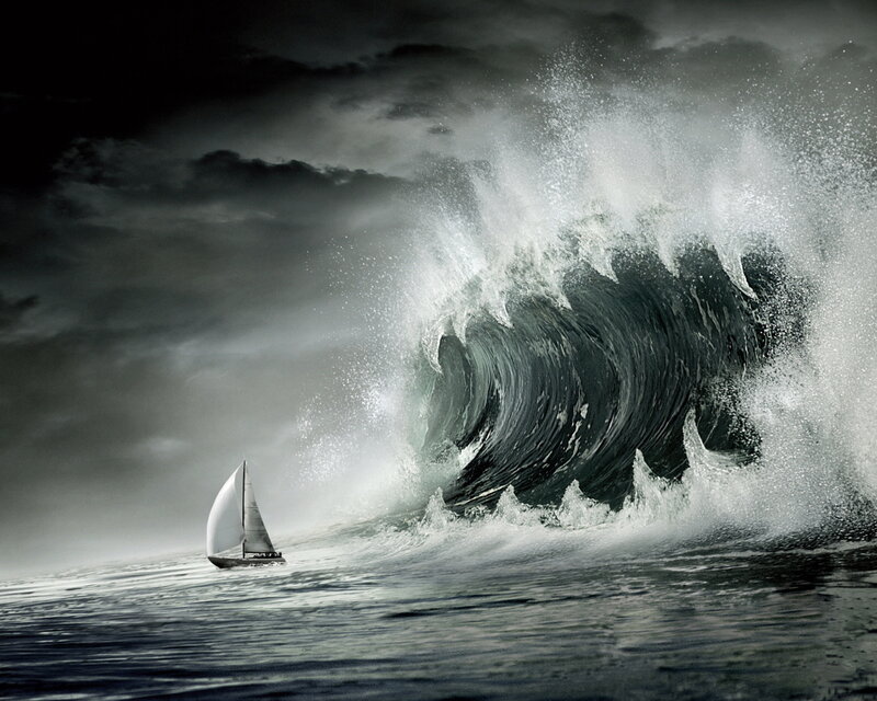 Sailboat Facing Wave — Gray, Dramatic, Photograph
