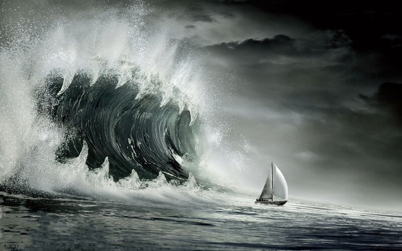 Sailboat Facing Wave — Gray, Dramatic