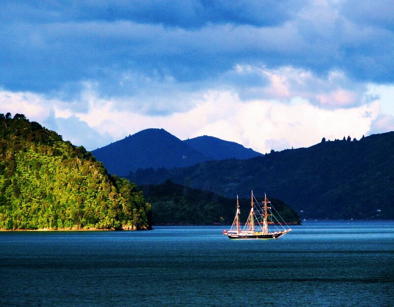Sailboat in a Bay — Blue, Dramatic
