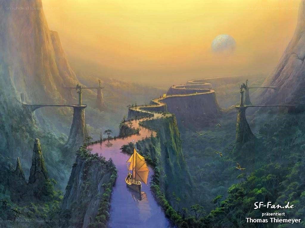 Sailboat in a canyon landscape