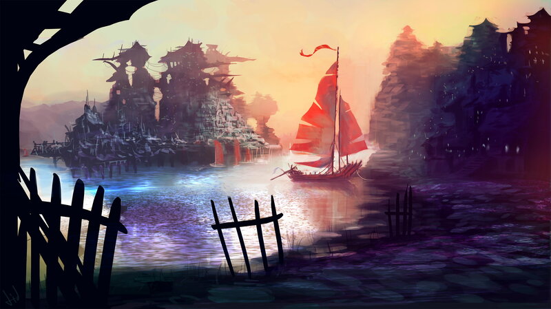 Sailboat in a Harbor — Purple