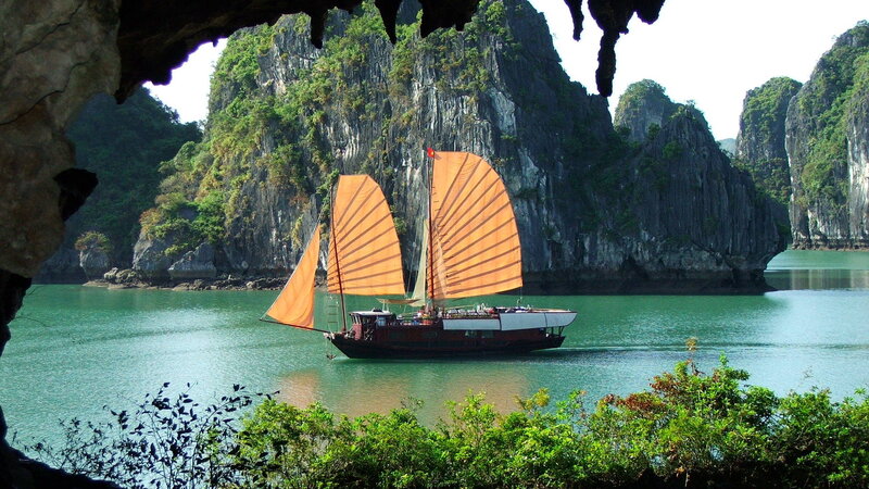 Sailboat in Bay — Green, Serene, Afternoon, Photograph, Sails, Cliffs, Cave