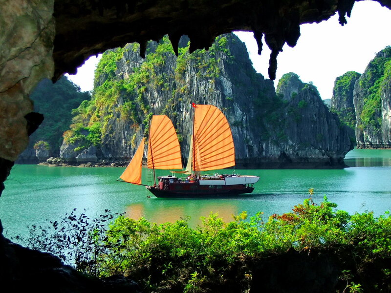 Sailboat in Bay — Green, Serene, Afternoon, Photograph