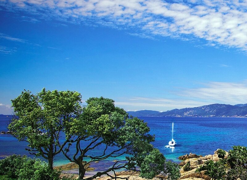 Sailboat in Blue Sea — Serene, Afternoon, Photograph, Tree, Mountains