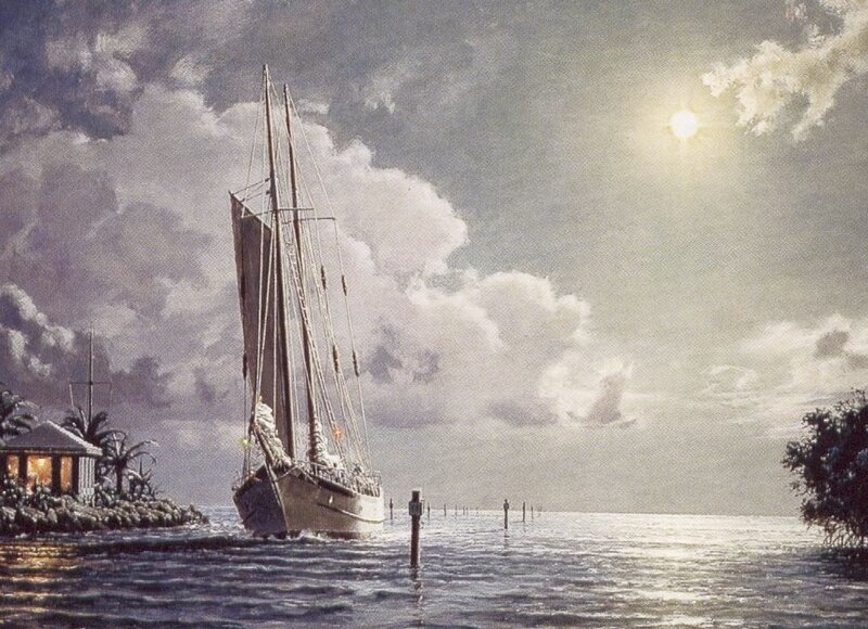 Sailboat in Calm Water — Blue, Serene, Night