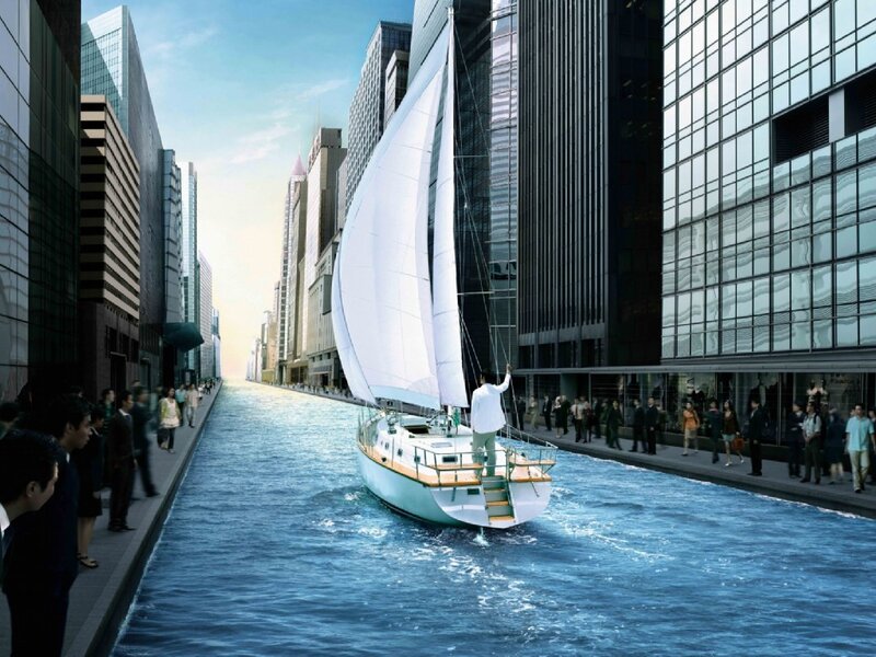 Sailboat in city canal
