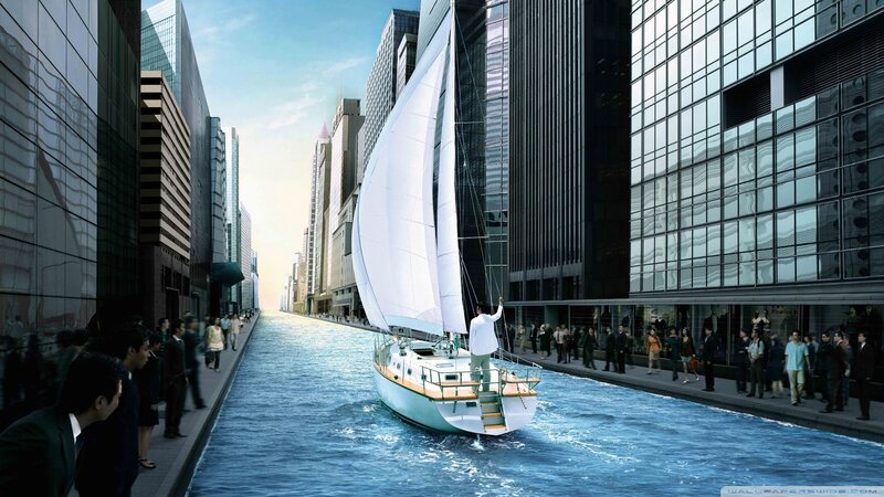 Sailboat in City Canal — Blue