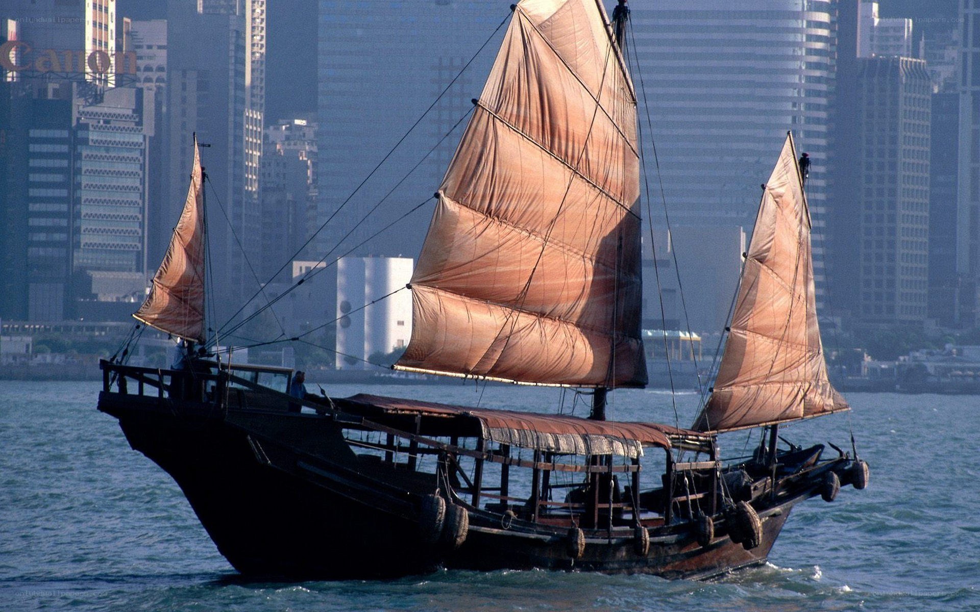 sailboat in city harbor