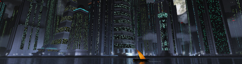 Sailboat in City Harbor — Black, Dramatic, Night