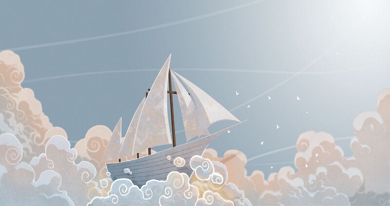 Sailboat in Clouds — Blue, Serene