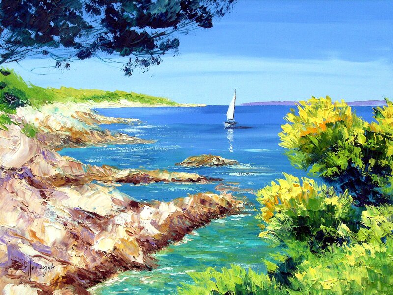 Sailboat in Coastal Cove — Blue