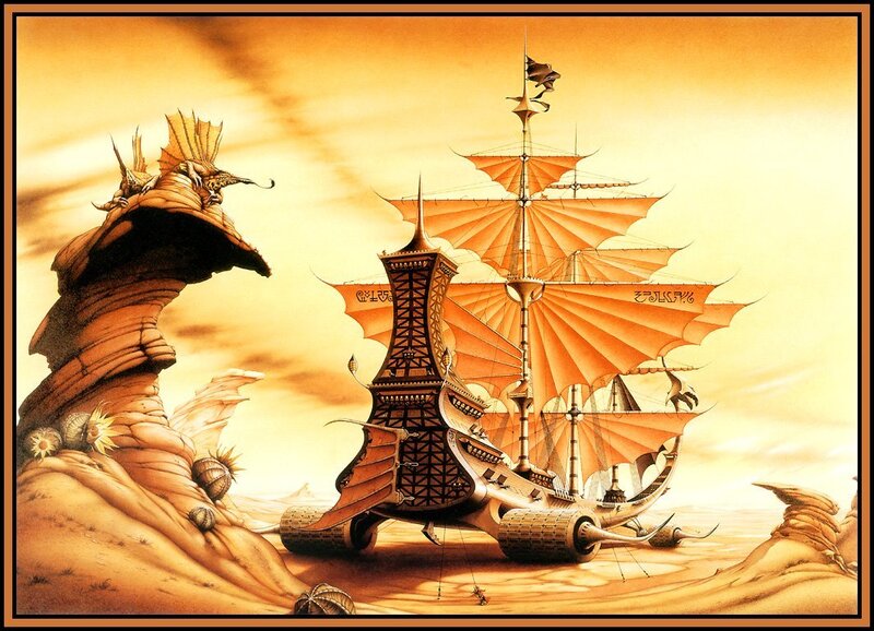 sailboat in desert landscape