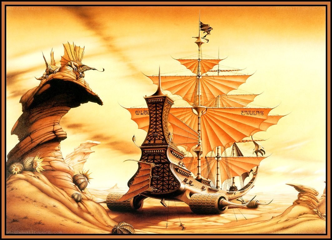 sailboat in desert landscape