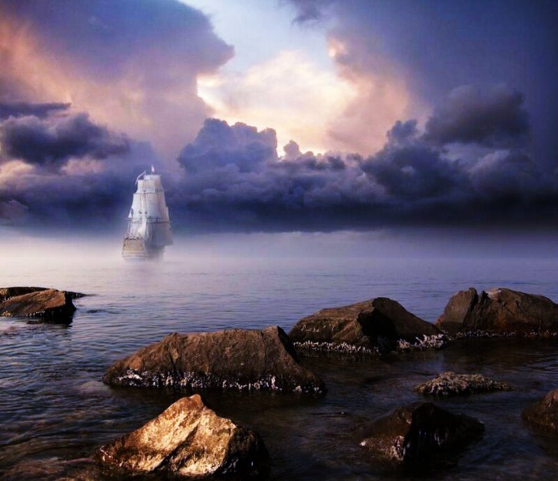 Sailboat in Fog — Purple