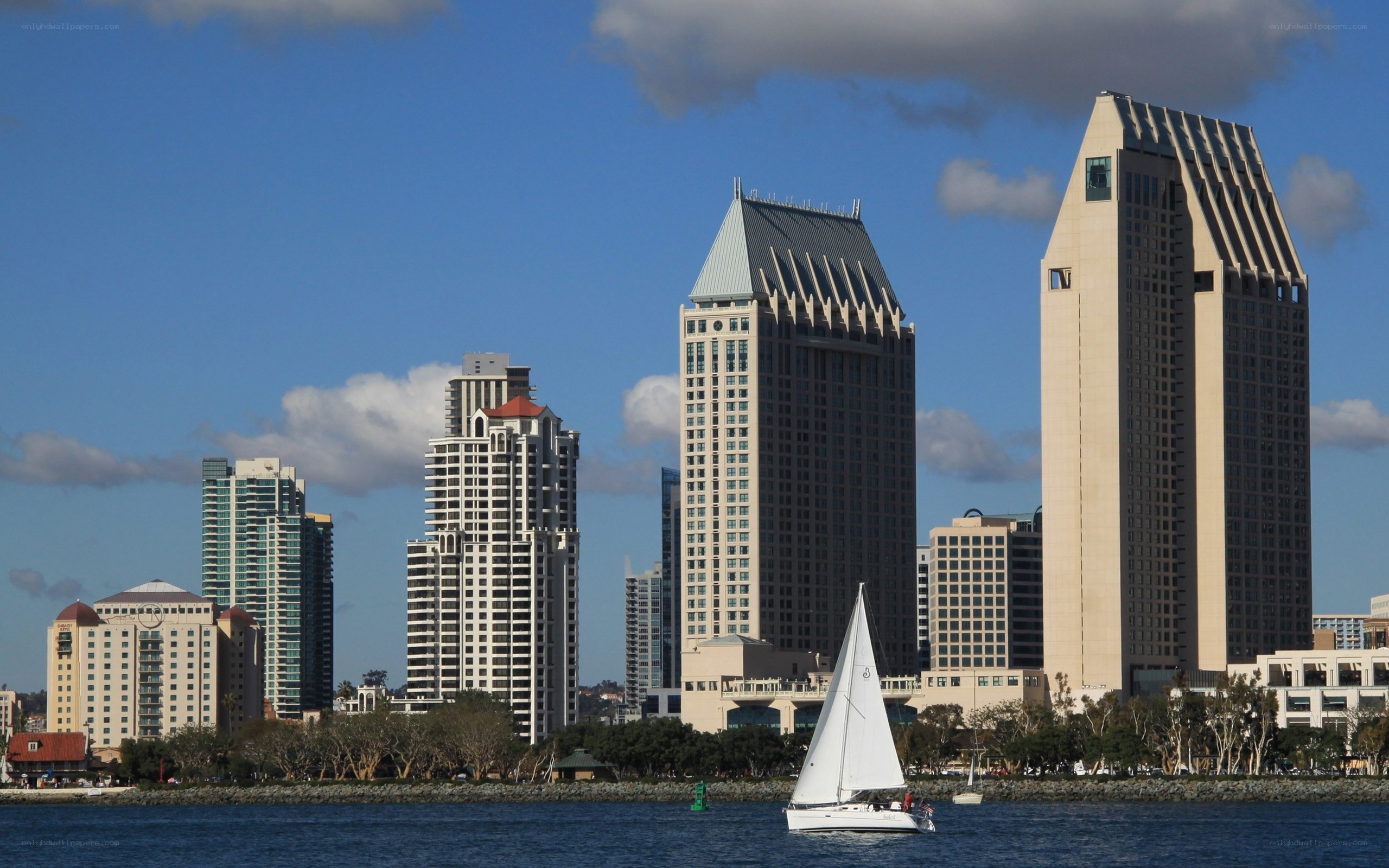 sailboat in front of city skyline