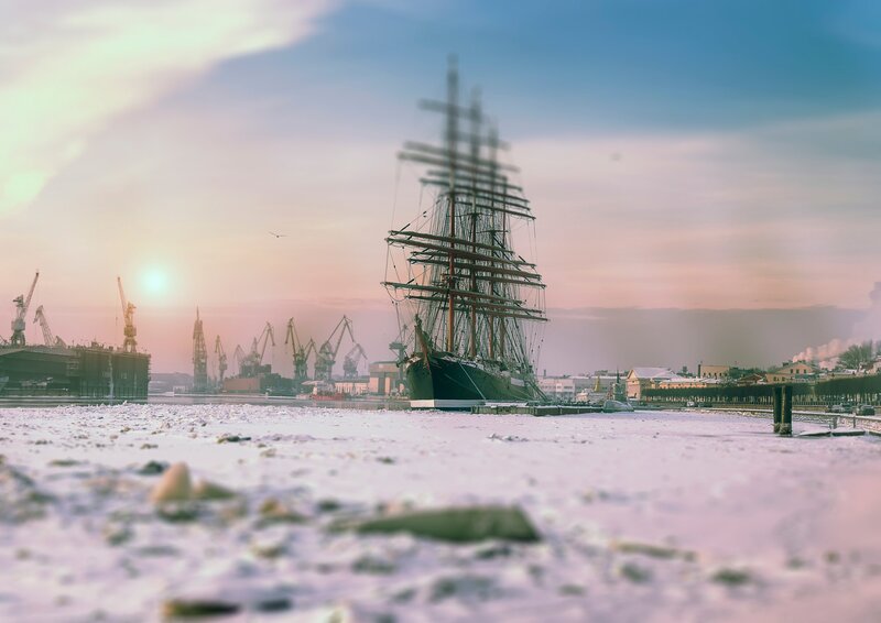 Sailboat in Frozen Harbor — Blue