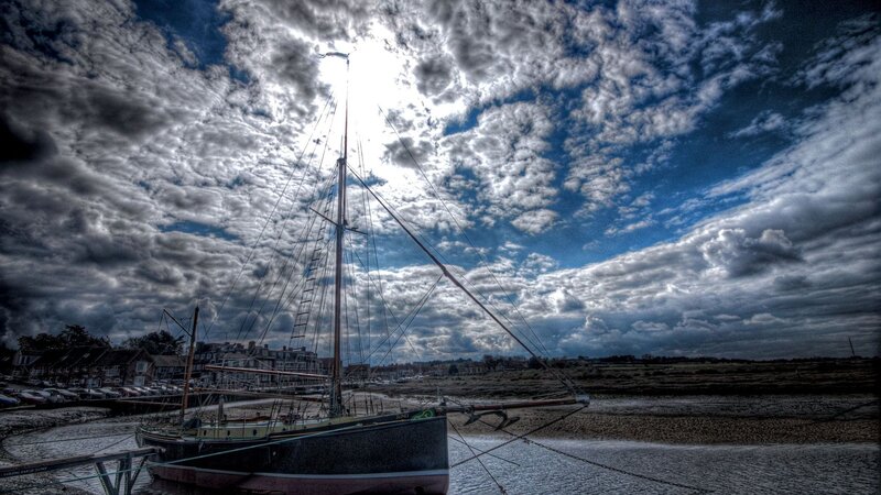 Sailboat in Harbor — Blue, Dramatic, Afternoon, Photograph