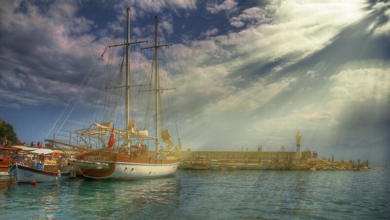 Sailboat in Harbor — Blue, Dramatic, Afternoon