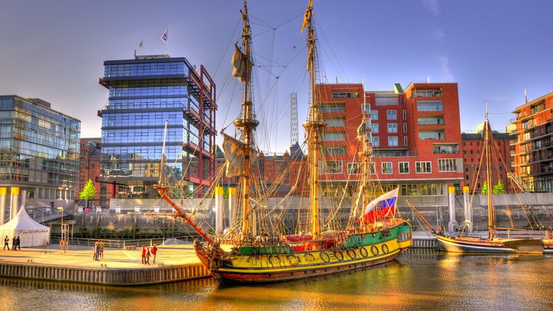 Sailboat in Harbor — Blue, Dramatic, Sunset, Photograph, Buildings