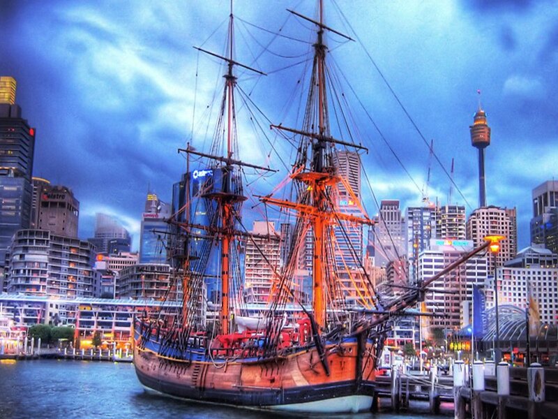 Sailboat in Harbor — Blue, Dramatic, Sunset, Photograph, City Skyline
