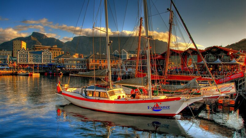 Sailboat in Harbor — Blue, Dramatic, Sunset, Photograph, Mountain