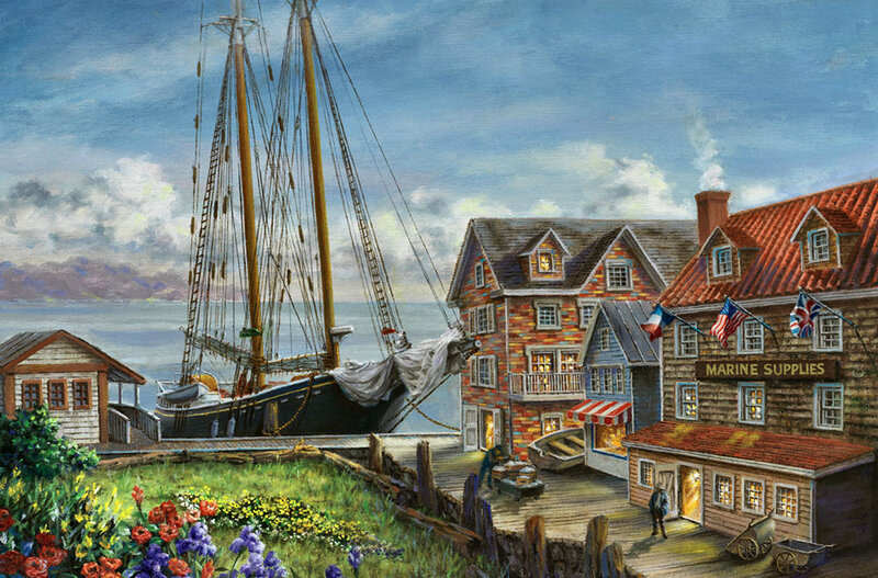 Sailboat in Harbor — Blue, Serene, Afternoon, Painting, Buildings, Flags