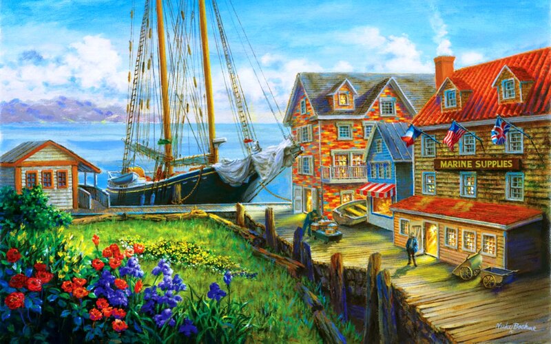 Sailboat in Harbor — Blue, Serene, Afternoon, Painting, Buildings