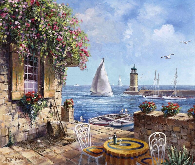 Sailboat in Harbor — Blue, Serene, Afternoon, Painting, Lighthouse, Flowers