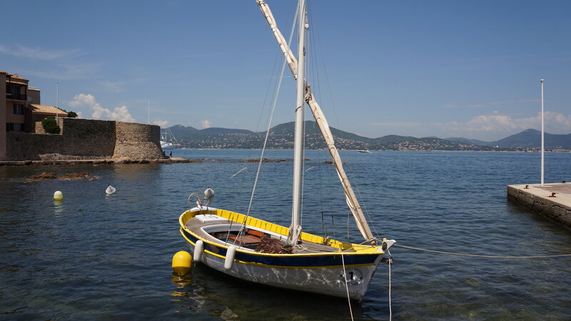 Sailboat in Harbor — Blue, Serene, Afternoon, Photograph, Castle Wall